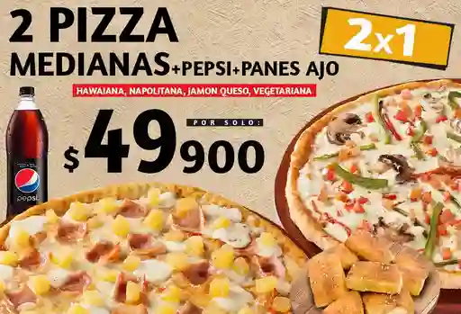 2 Pizzas Mediana + Gaseosa 1.5 L + Panes Ajo