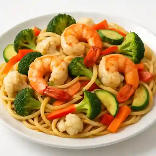 Pasta y Verdura con Camarones
