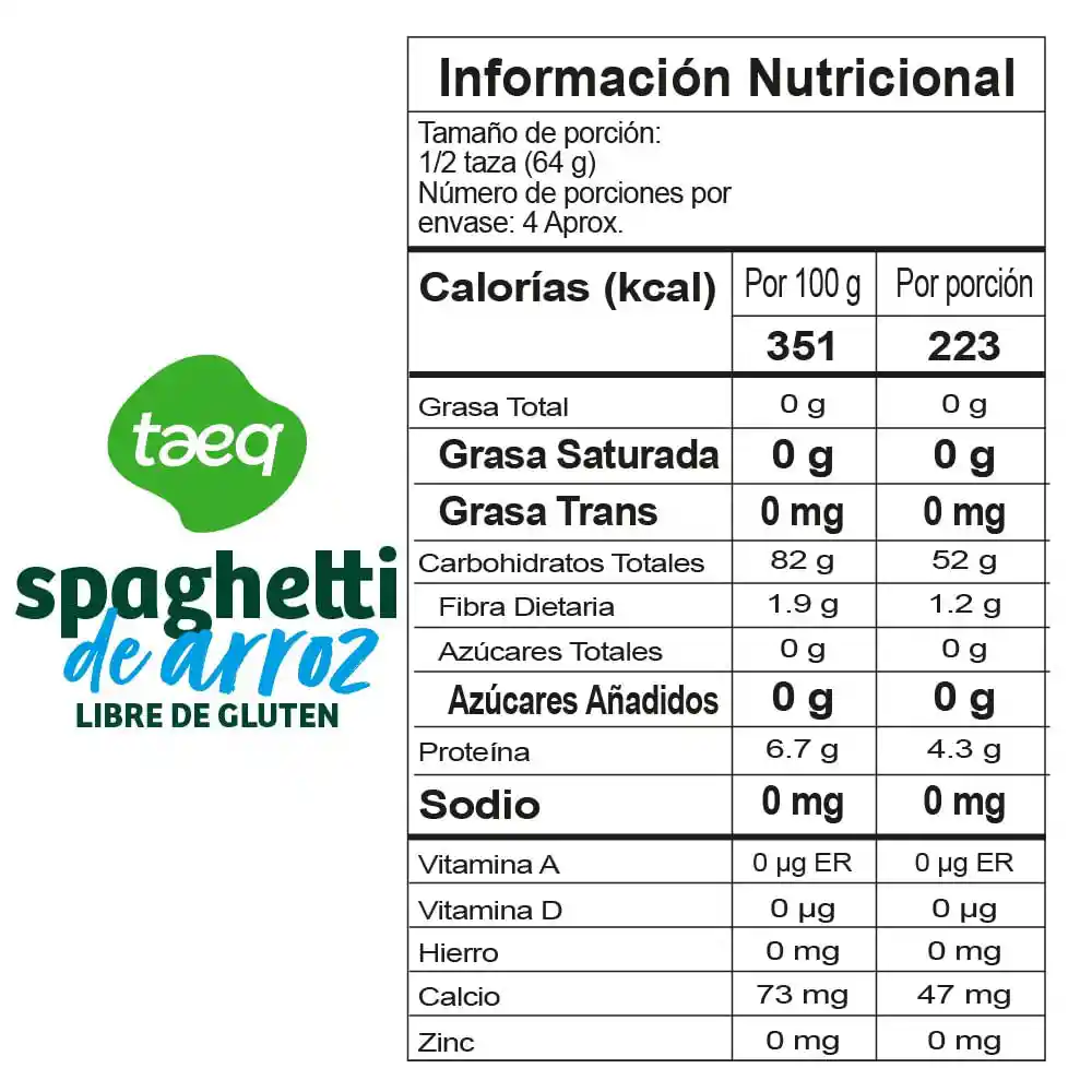 Pasta Taeq Spaghetti de Arroz Libre de Gluten (250 Gr)