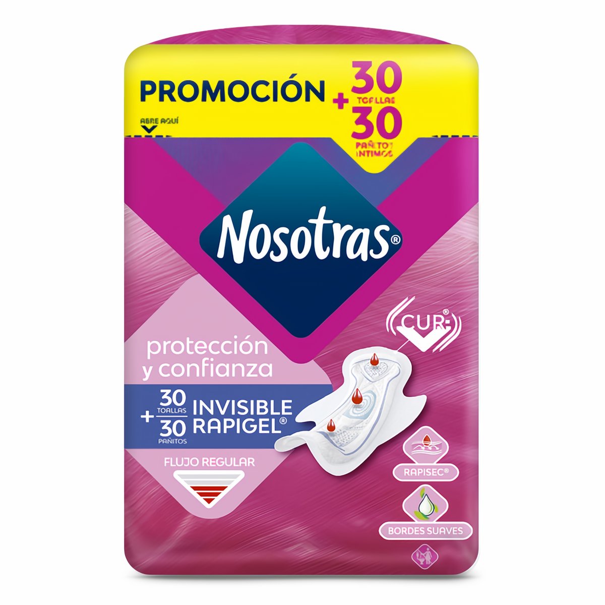 Nosotras Toalla Higiénica Invisible Rapigel + Pañitos Íntimos 2 x 30 und