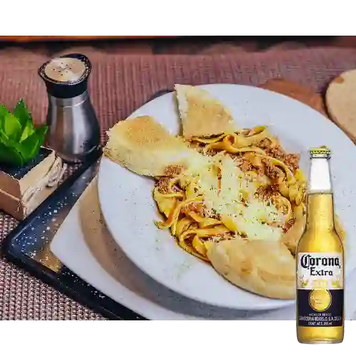 Pasta en salsa bolognesa+corona 355ml