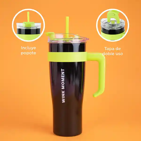 Vaso de Acero Con Pitillo Menta y Negro y Verde 1600 mL Miniso