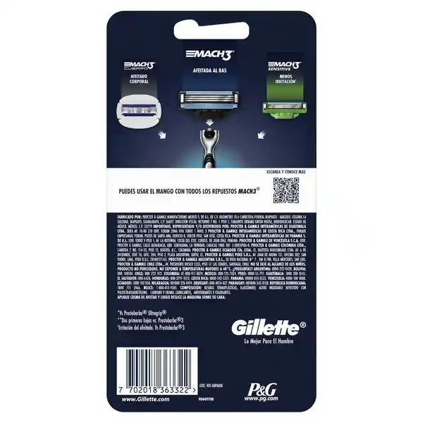 GILLETTE Mach 3 Cuchilla de Afeitar Máquina de Afeitar Hombre Reutilizable Afeitado al Ras Afeitadora para Hombre 1 Ud + 2 Repuestos