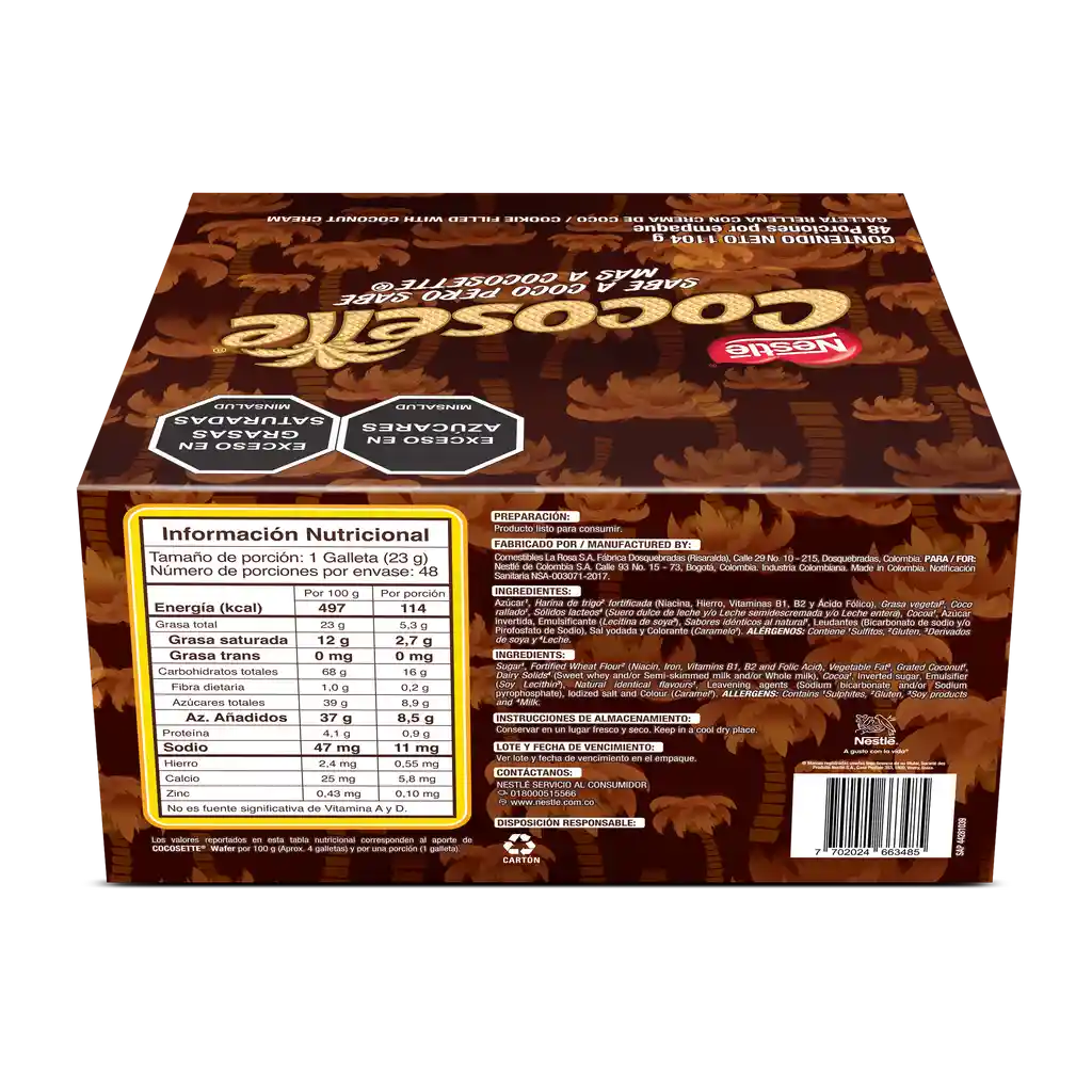 Galletas COCOSETTE Wafer rellenas con crema de coco 24 Unds x 46g c/u