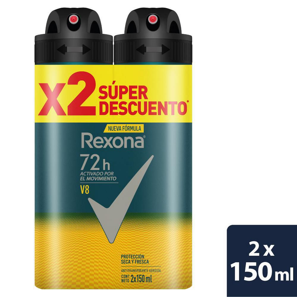 Rexona Desodorante Antitranspirante V8 Pack x2 Aerosol 180g