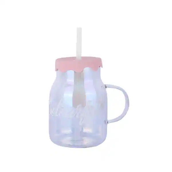 Taza de Vidrio Con Tapa y Pitillo Serie Holográfica Miniso