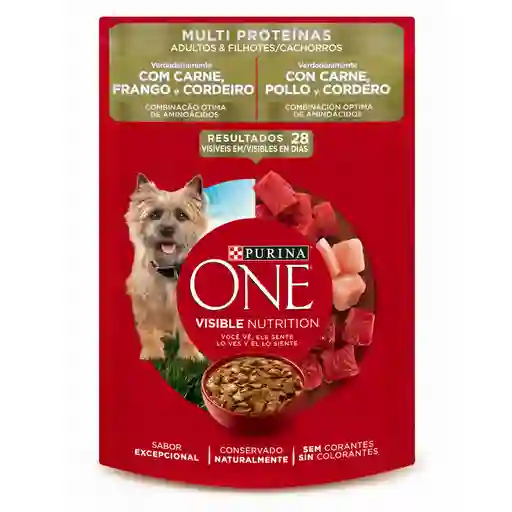 Comida húmeda para perros cachorros y adultos sabor a Carne, pollo y cordero Purina One x 85gr