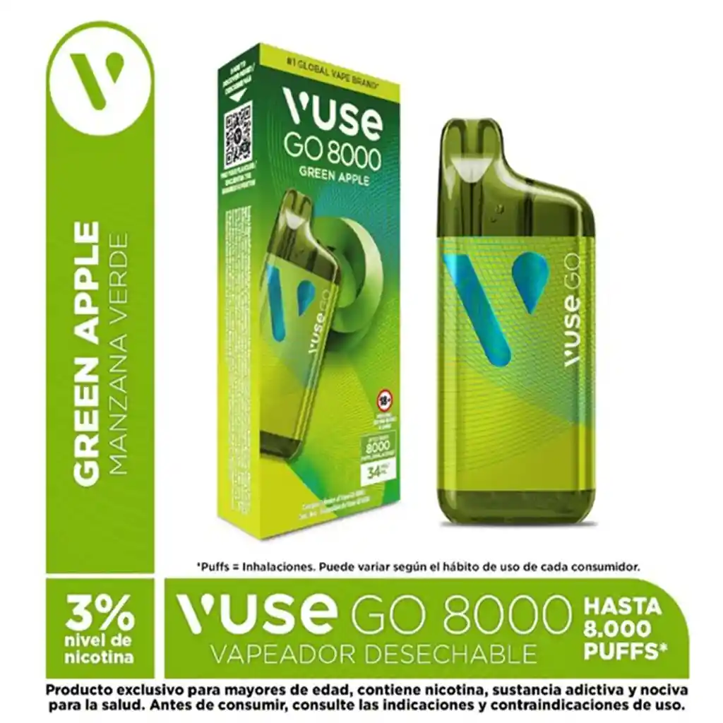 Vapeador Vuse Go Green Apple 3% X 8000 Puffs