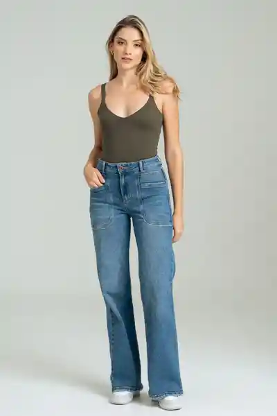 Jean Wide Leg Bolsillo Parche Color Azul Medio Talla 14 Ragged