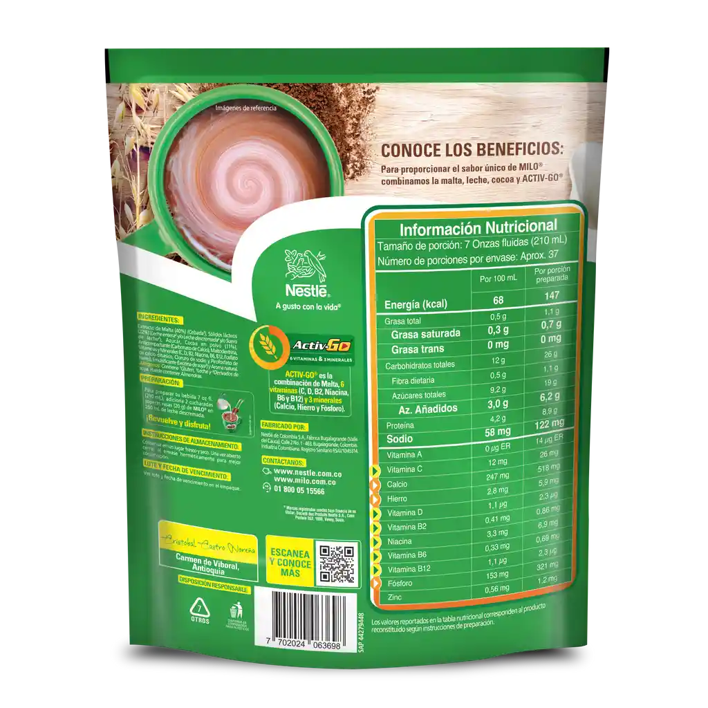 Bebida achocolatada con malta MILO ACTIV-GO x 750g