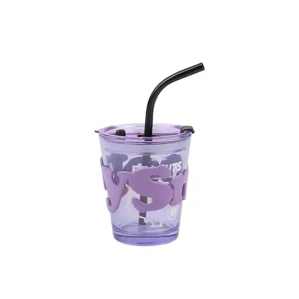 Vaso de Vidrio Con Funda y Popote Snoopy Morado 300 mL Miniso