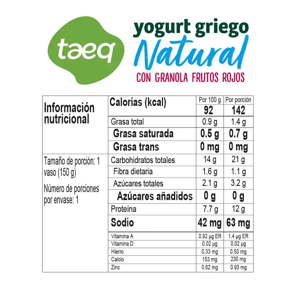 Taeq Yogurt Griego Natural con Granola y Frutos Rojos