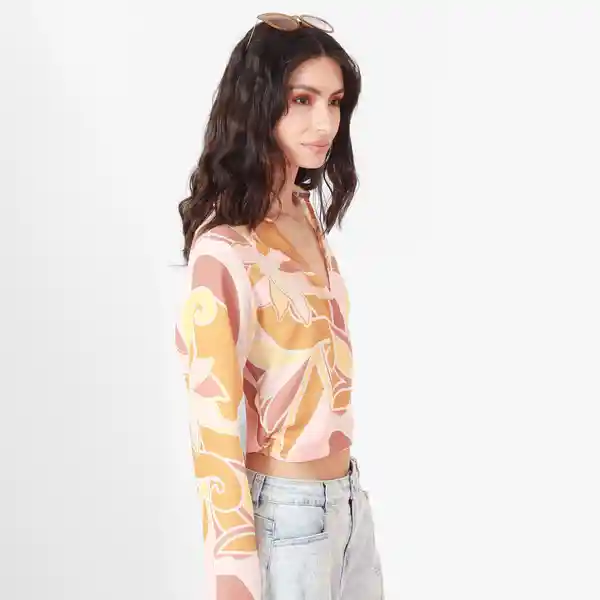 Blusa Cuello V Manga Larga Con Lazo Multicolor Talla M 694612