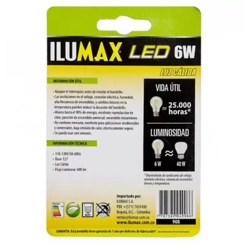 Ilumax Bombillo Led 6W Luz Cálida Filamento E27