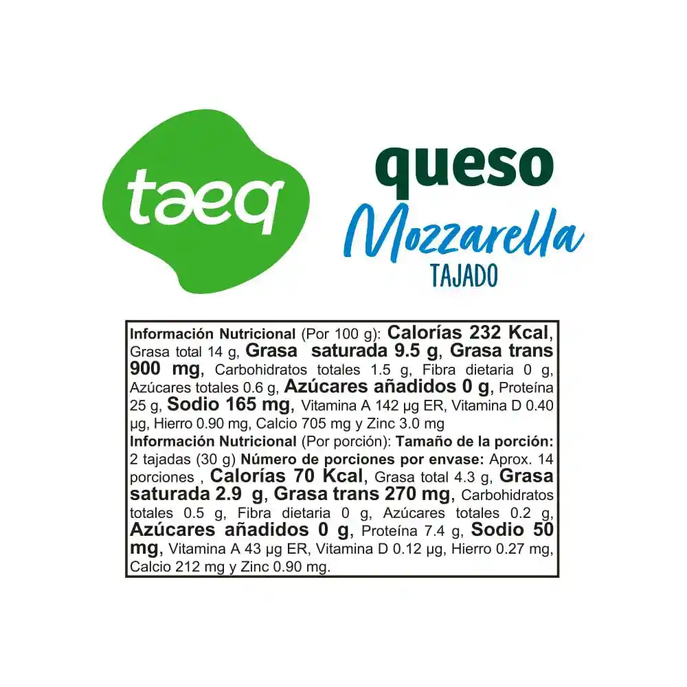 Queso Mozzarella Taeq Tajado (417 Gr)