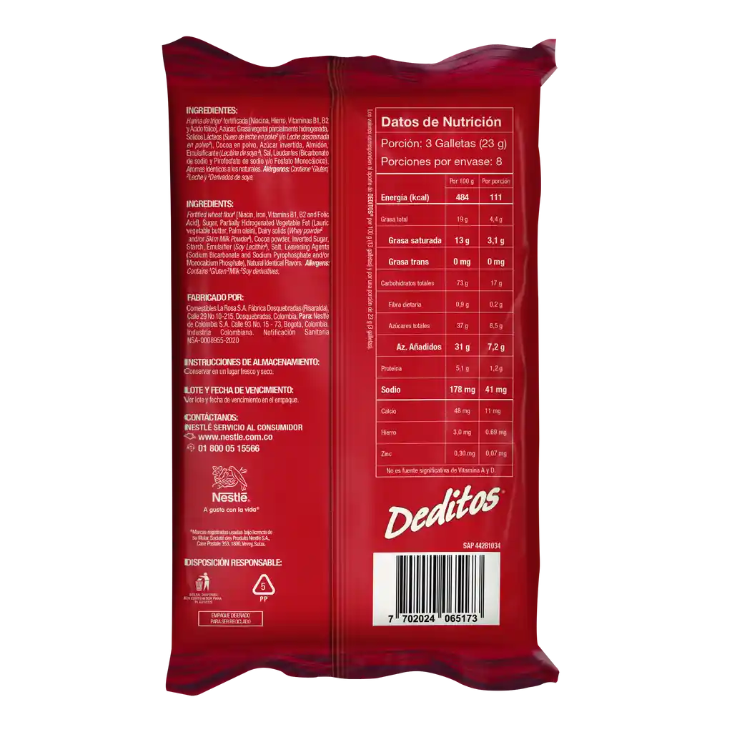 Galletas dulces DEDITOS cubiertas con sabor a chocolate 8 Unds x 184g