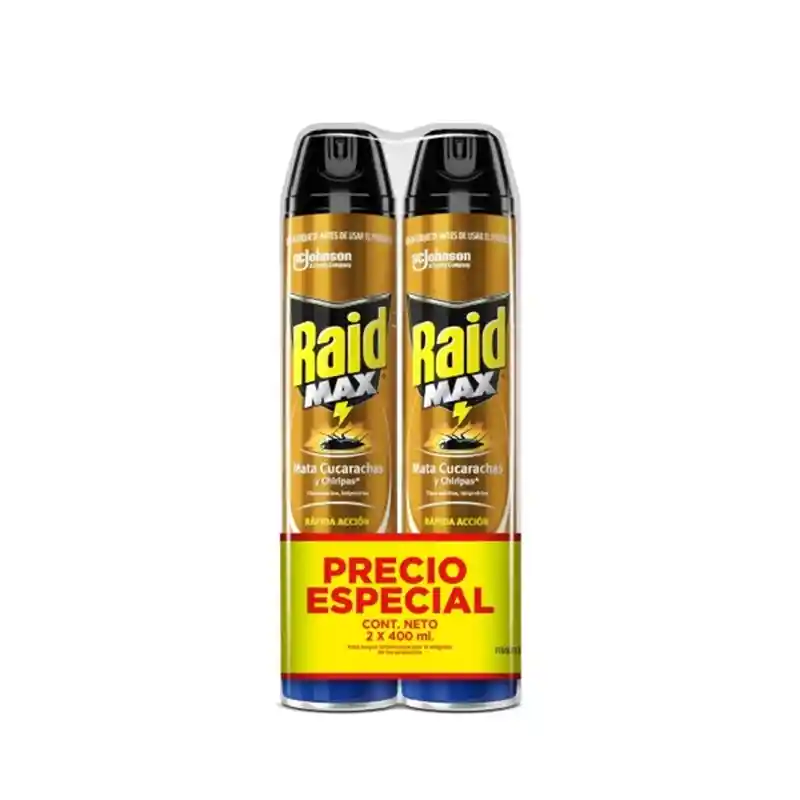 Raid Max Insecticida Aerosol Pack 2 x 400 ml Mata Cucarachas y Arañas