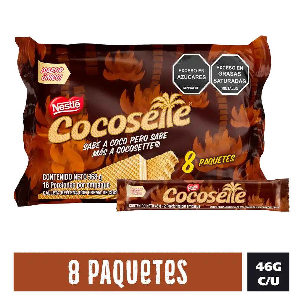 Galletas COCOSETTE Wafer rellenas con crema de coco 8 Unds x 368g