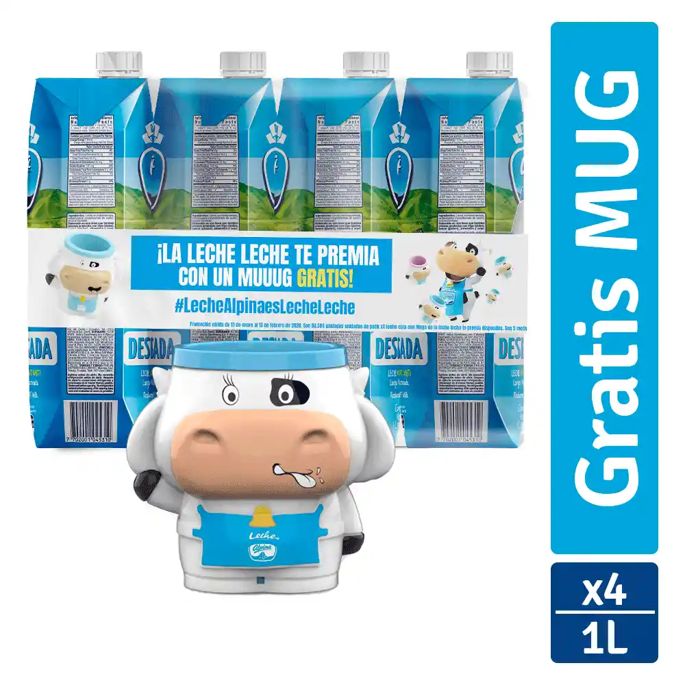 Alpina Leche Deslactosada 4 Pack + Mug