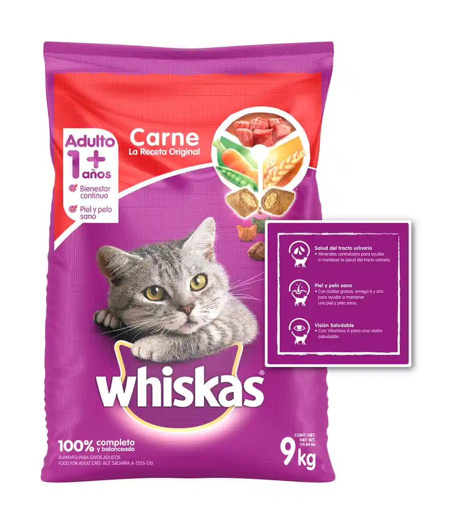 Whiskas alimento para gato adulto carne 9 kg