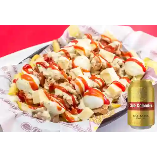 Combo Salchipapa Super Jim + Cerveza Club Dorada