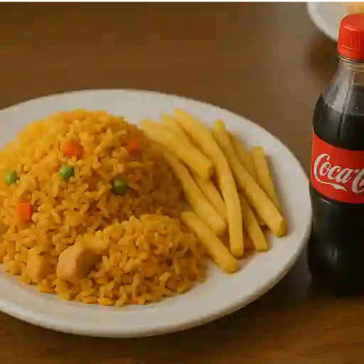 Arroz con pollo, papa francesa y gaseosa