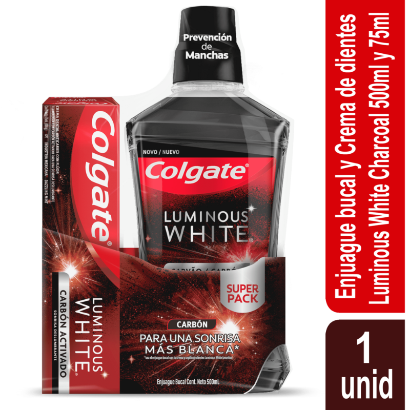 Colgate Enjuague Bucal + Crema Dental Luminous White Carbón 500 ml