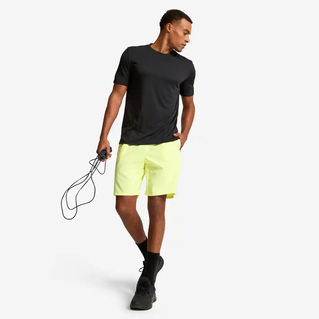 Pantaloneta Fitness Hombre Amarillo Fluorescente Bolsillos Cremallera