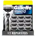 Gillette Máquina de Afeitar Mach3 Carbono 12 Repuestos