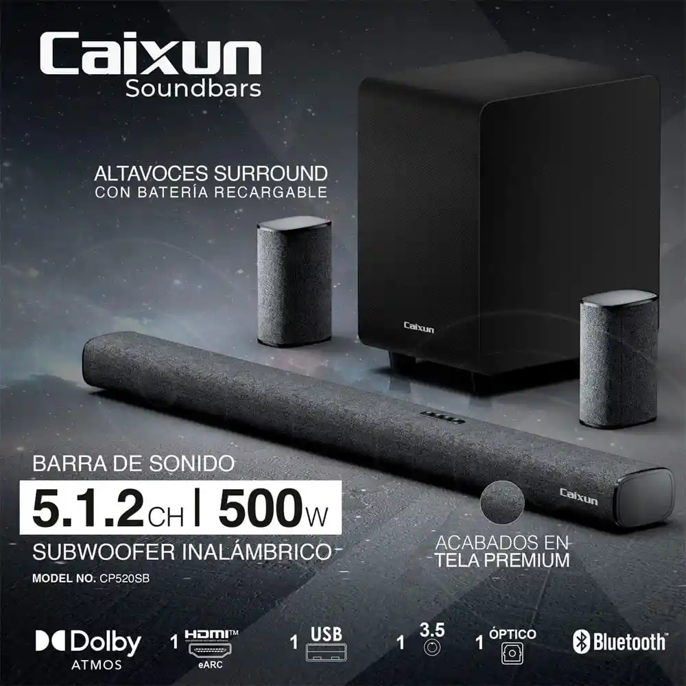 Barra de Sonido Premium Caixun 5.1.2 Ch 500 Watts de Potencia