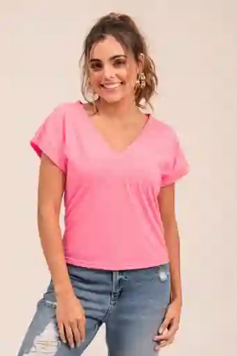 Camiseta Escote Pico Color Rosado Brillante Talla XS Ragged