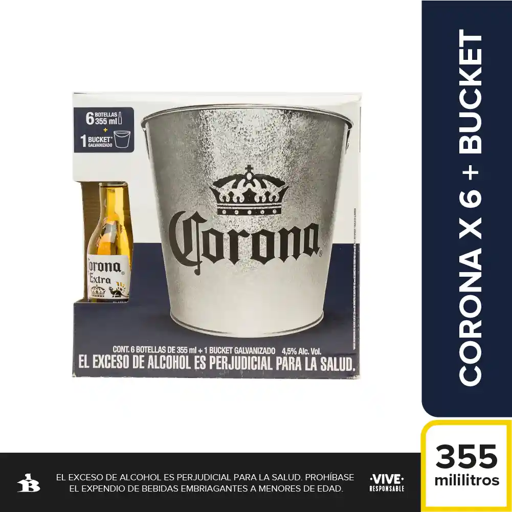 Kit Cerveza Corona Botella 355 ml x6 + 1 Balde Metálico