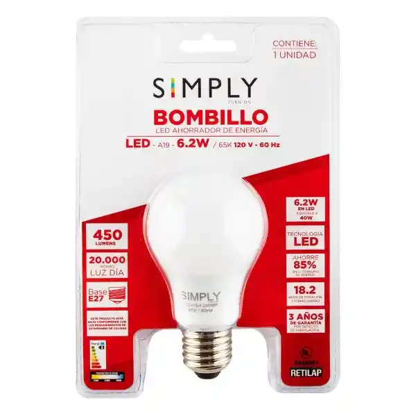 Simply Turn on Bombillo Led E27 LDIA120V6.2W LEDA19