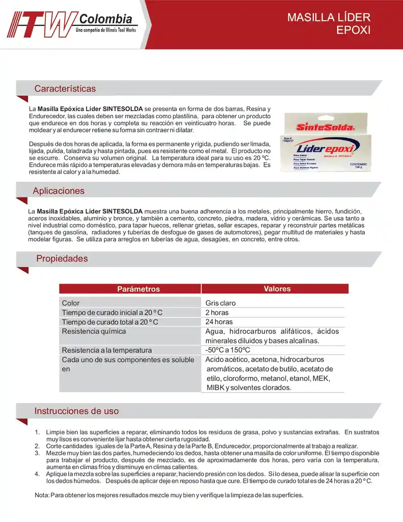 Masilla Lider Epoxica 50 Grs Itw