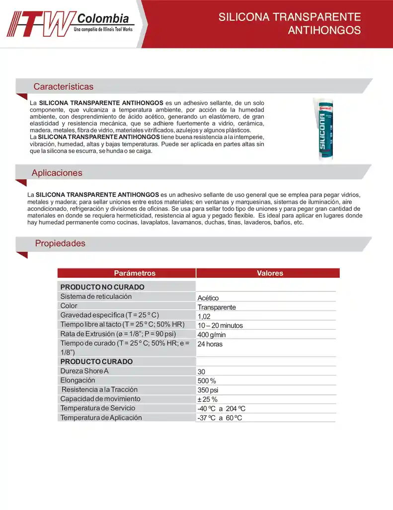 Silicona Sanitaria Transparente Cartucho 280 Ml Sinteco Itw