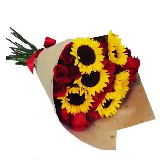 Flores En Bouquet De 24 Rosas Y 6 Girasoles