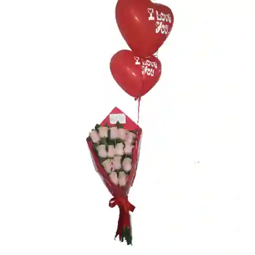 Bouquet  de rosas  con  Globos en helio Corazón 
