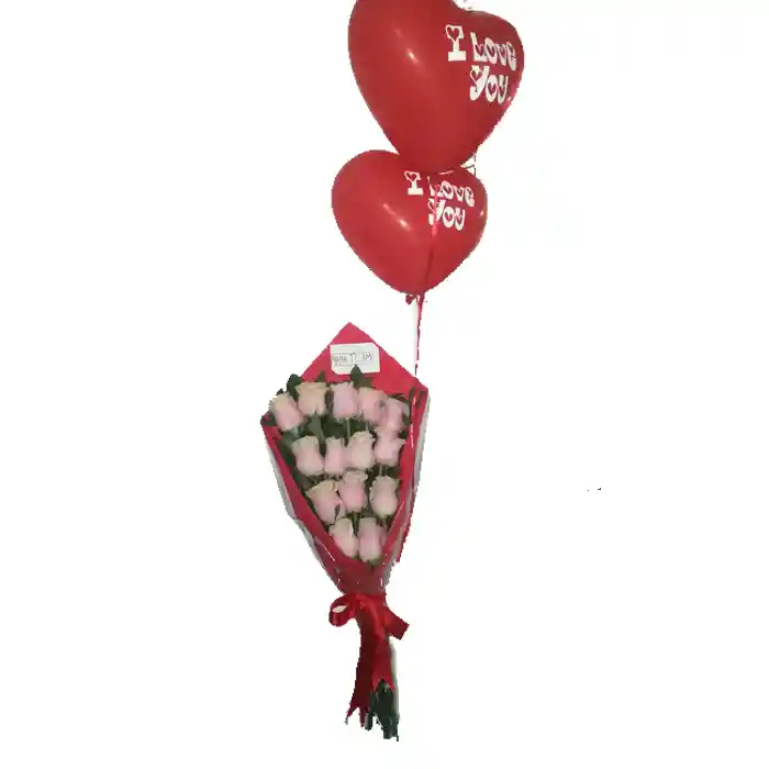 Bouquet  de rosas  con  Globos en helio Corazón 