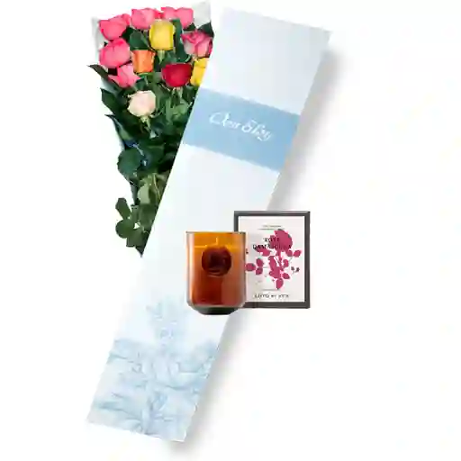 Rosas Surtidas X 12 En Caja Azul + Vela Perfumada Don Eloy