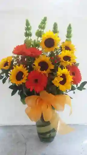 DISEÑO BASE VIDRIO GIRASOLES CON ROSAS O GERBERAS