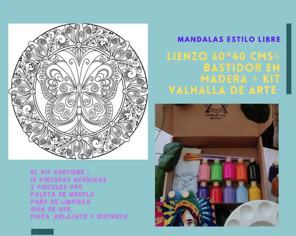 Kit Lienzo con diseño enumerado de 60*40 cms, Bastidor en Madera Mandala Libre 1