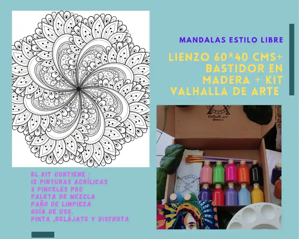 Kit Lienzo con diseño enumerado de 60*40 cms, Bastidor en Madera Mandala Libre 2