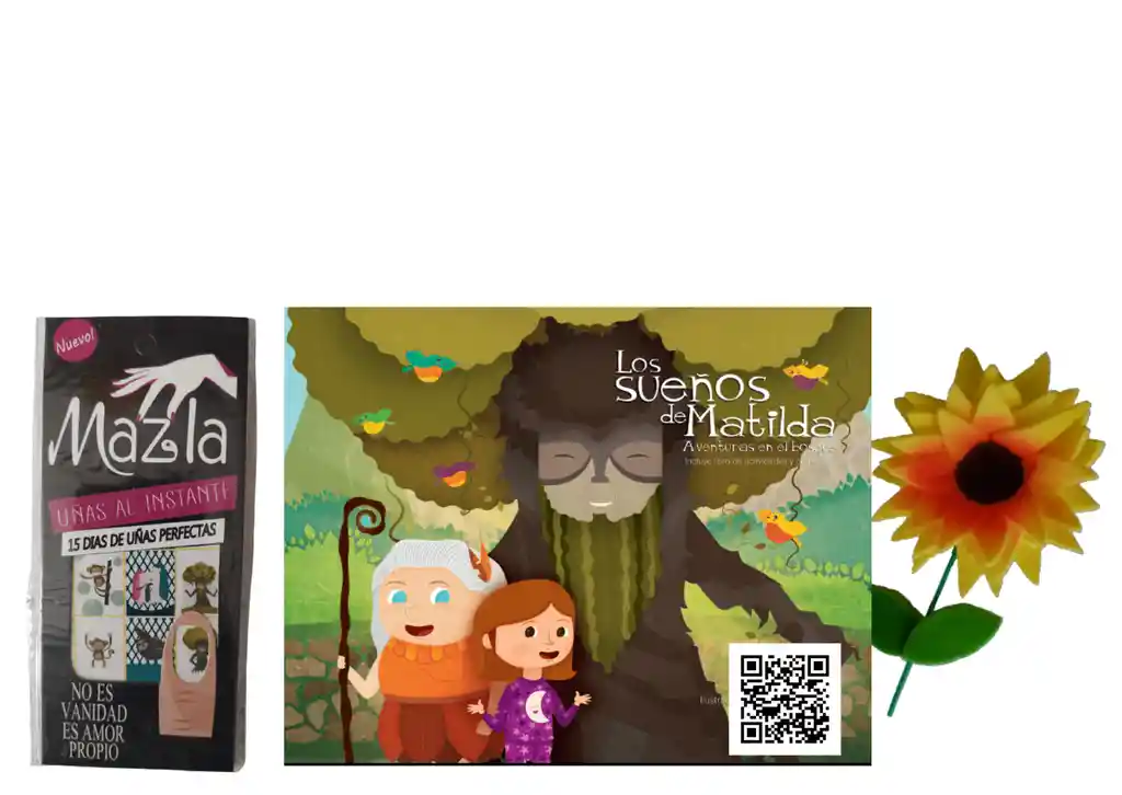 Cuento: Aventuras en el bosque + sticker para uñas con los personajes del cuento + flor 