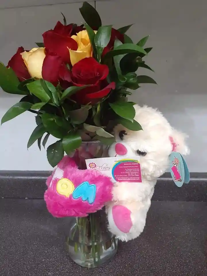 Jarron ternura 12 rosas con peluche 