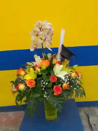 Orquidea Jarron De Grado Viene .24 Rosas Naranjas Jorro Y Diploma Con Lirios