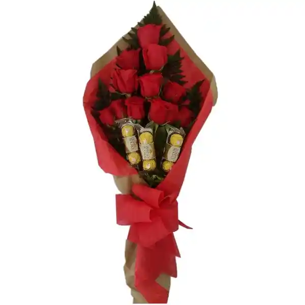 BOUQUET ALARGADO DE 12 ROSAS CON CHOCOLATES
