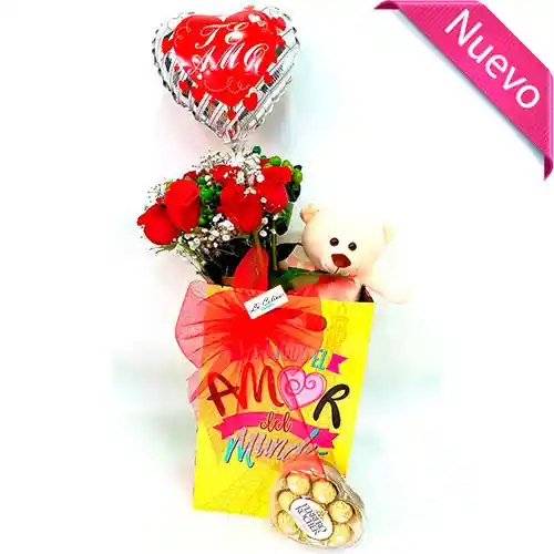 Chocolates Bolsita Con Bouquet De Rosas Peluche Globo Y Vilna