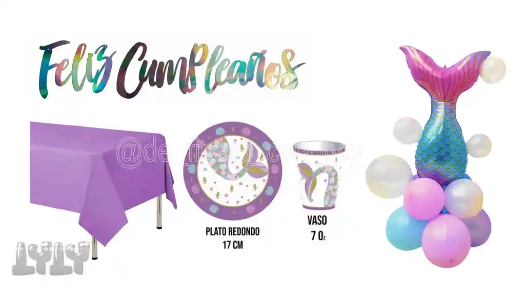 Kit De Decoracion Cola De Sirena Platos Vaso Mantel Letrero Fiesta Cumpleaños