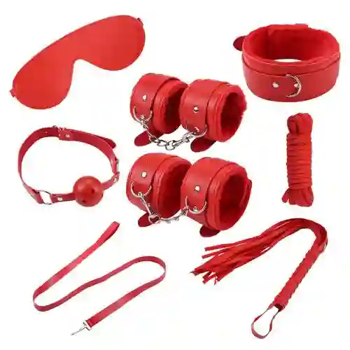 Kit Bondage Sado 8 Piezas Rojo Cuero Y Peluche