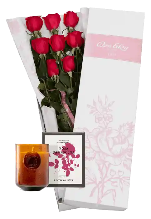 Rosas X 8 En Caja Rosada + Vela Don Eloy